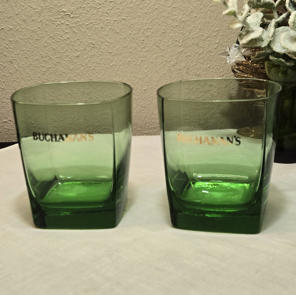 Vintage Set Of Two Green Buchanan's Scotch Whiskey Lowball Glasses.
